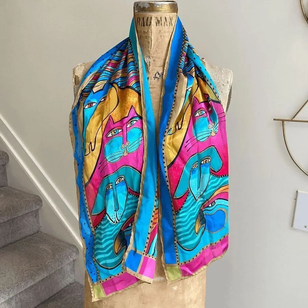 Laurel Burch 80s Silk Vintage Scarf Cats Feline Bird Dog Horse Rectangle